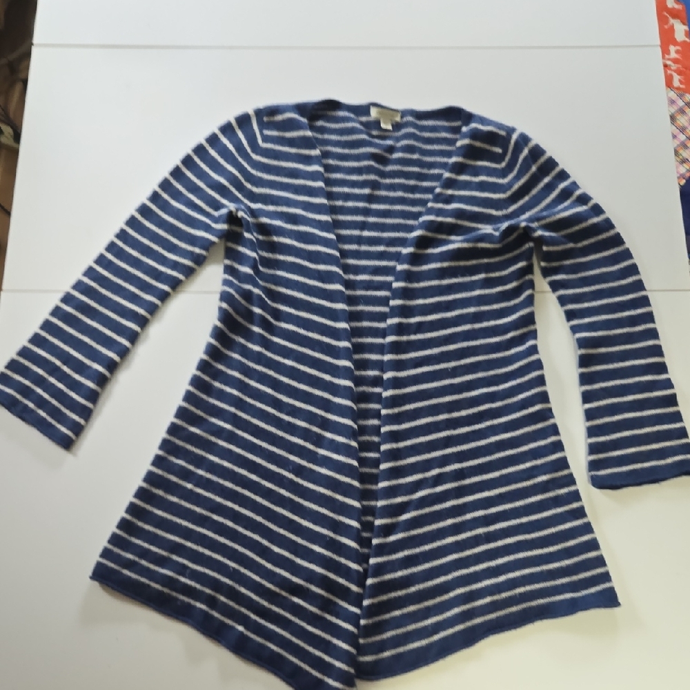 Garnet Hill Blue and White Striped Cardigan Sweater, S